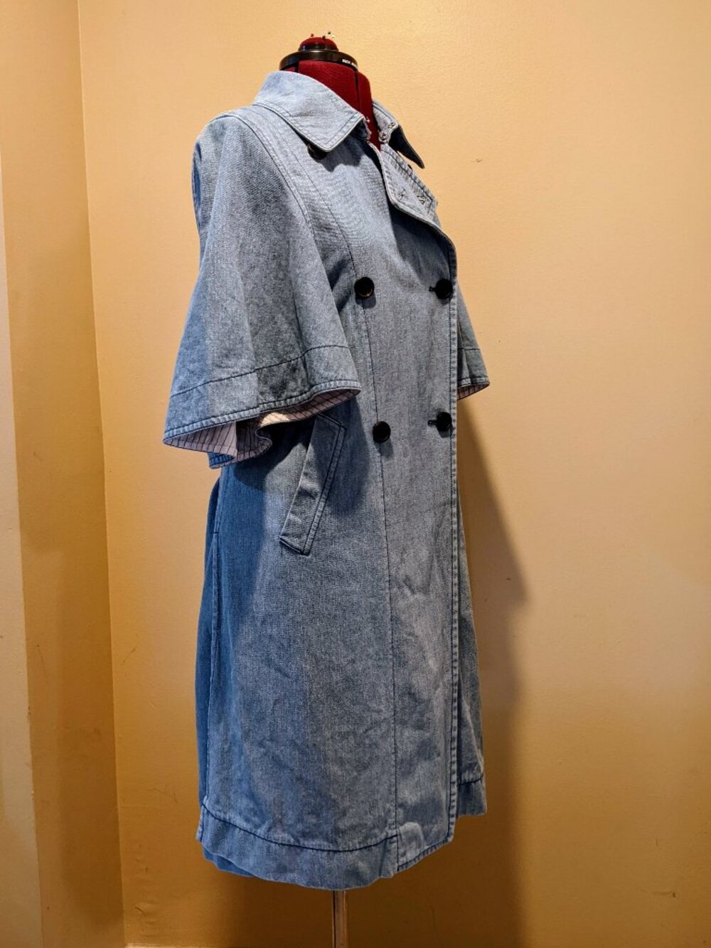 Korean Jain song Denim blue Cape Trench Coat Double Breasted Flare Sleeve XS-M